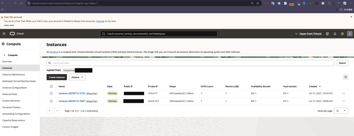 最後我建立了兩個免費的Linux 主機